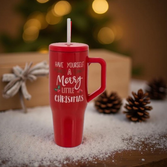 Red Christmas Travel Mug / Red Christmas Tumbler with Straw - Picture 1 of 11